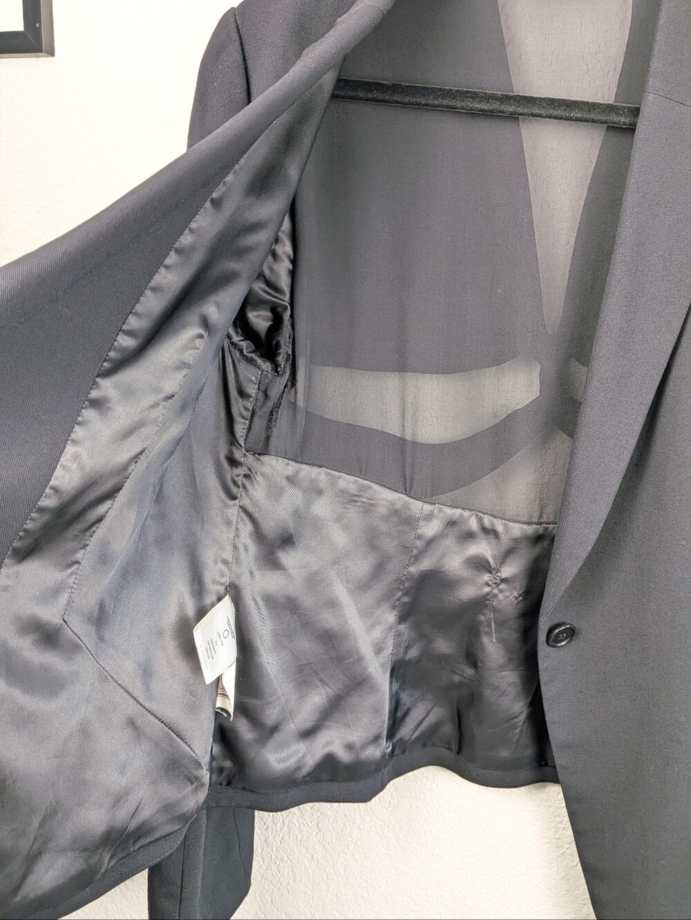 BCBGMAXAZRIA Wool Silk Blazer L Black Drapey Front Sheer Knotted Back Chic READ - Picture 3 of 9